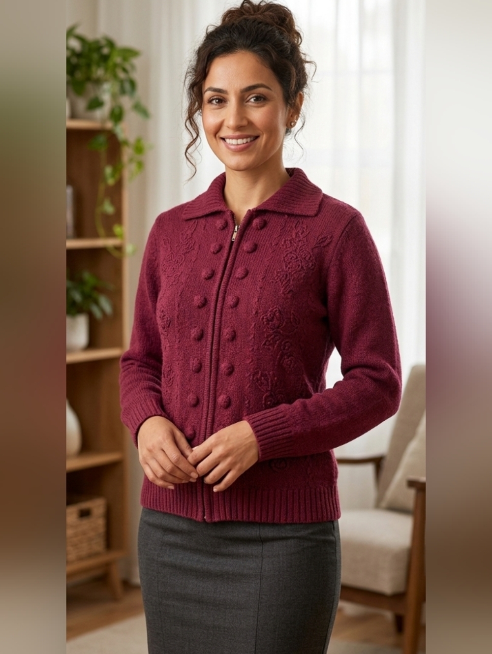 Northern Reflections Wine-Red Textured Zip Cardigan Medium